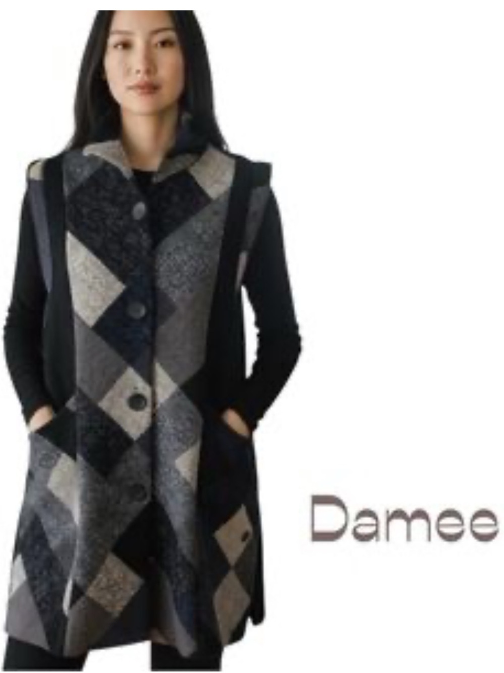 Damee Women’s Longline Sleeveless Vest Black White Patchwork size Small